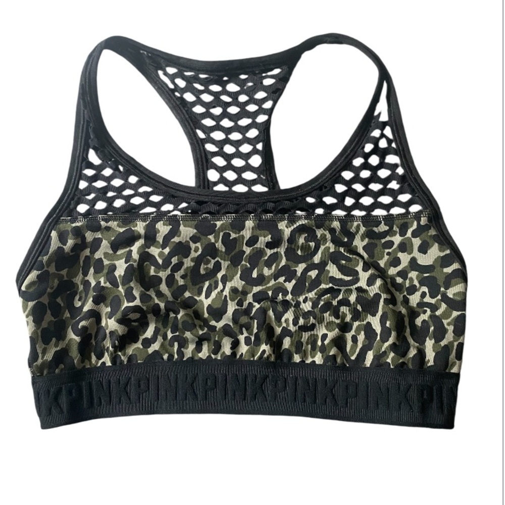 PINK Victoria's Secret Black and Green Cheetah Sports Bra